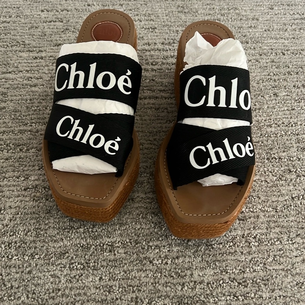 Chloe Black Woody Wedge Logo Sandal 39 / 9